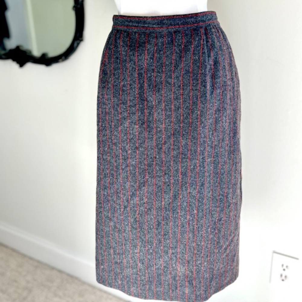 Vintage Grey & Red Pinstripe Wool Skirt with Pockets